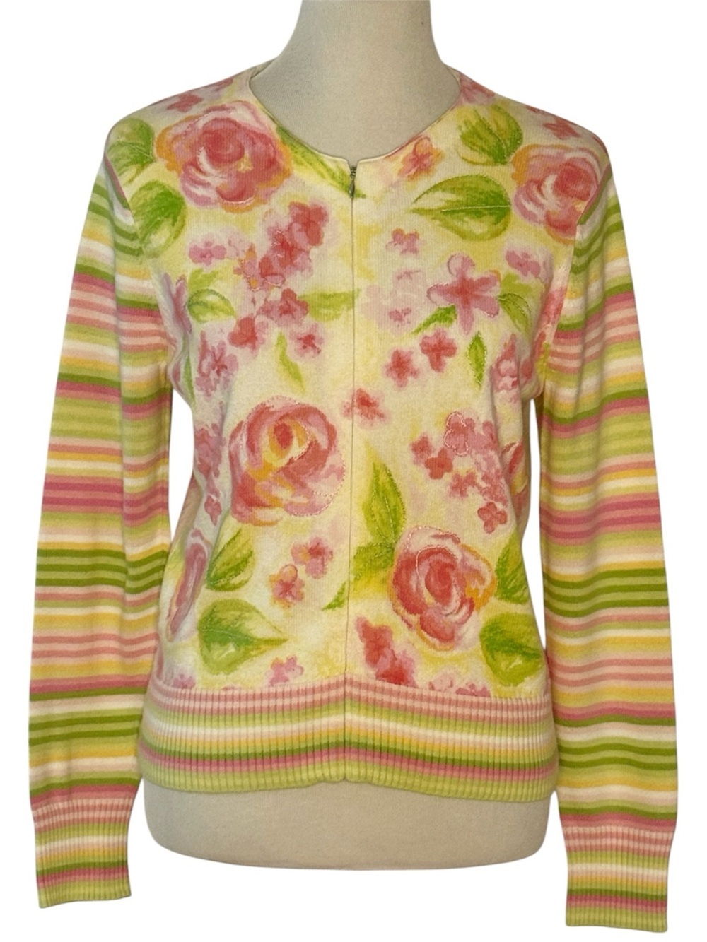Talbots Petites Large Floral Stripe Zip Front Cardigan Sweater Pink Green Soft